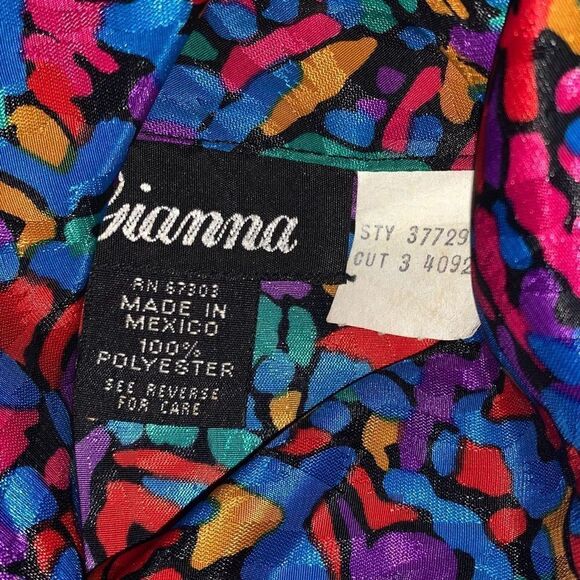 Vintage Colorful Abstract Satin Button Down Bow Tie Blouse Large - Picture 15 of 16